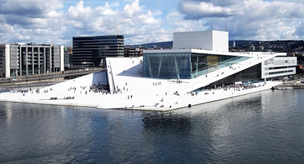 The white exterior of the Oslo Opera House.